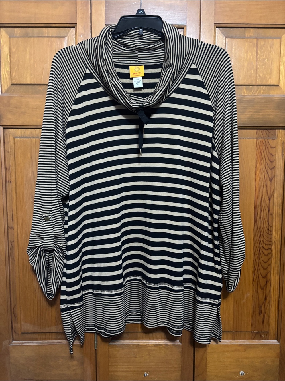 Ruby Rd. Black and Cream Striped Cowl Pullover Hoodie